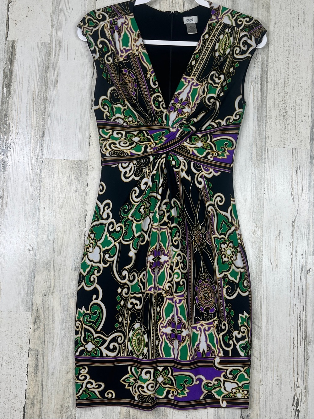 Cache Dress Womens Size 4  Paisley-Print Twist-Front Midi Dress w Floral Accents